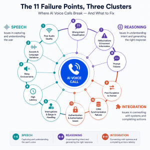 Why AI voice agents fail: 11 failure points grouped into speech, reasoning and integration layers around one live call