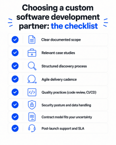 Checklist infographic for choosing a software development partner in Australia covering scope, case studies, agile delivery, security and SLA