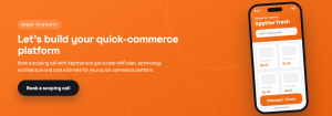 Appther call-to-action banner inviting businesses to book a scoping call for a quick-commerce platform, including MVP planning, technology architecture, and cost estimation.