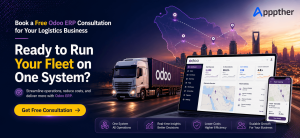 CTA banner inviting Saudi logistics companies to book a free Odoo ERP consultation with Appther
