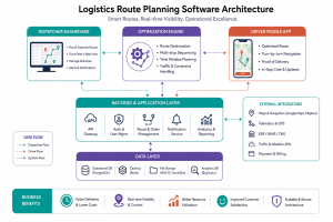Architecture of logistics route planning software showing dispatcher dashboard, optimization engine, driver app, and backend connected to maps, telematics, and ERP