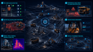 Computer vision mining safety use cases including PPE, collision prevention, hazard zones, fatigue and fire detection