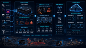 Edge AI mining architecture processing camera data locally and sending safety events to cloud analytics and MLOps