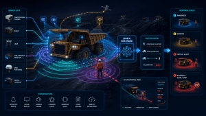 AI sensor fusion combining computer vision, radar, LiDAR, proximity detection, GNSS and vehicle telemetry for mining collision prevention