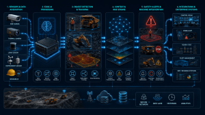 Architecture of an AI computer vision mining safety system from cameras and edge AI to alerts and enterprise systems