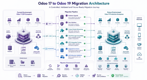 Odoo 17 to Odoo 19 migration architecture showing database migration, custom modules, third-party apps, APIs, testing and production environment