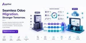 Odoo migration consulting illustration showing ERP assessment, database upgrade, custom module migration and production deployment