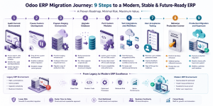 Nine-step Odoo migration process covering ERP audit, development freeze, staging, database upgrade, module migration, testing, UAT, cutover and hypercare