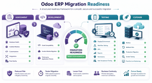Odoo migration readiness checklist covering database, custom modules, third-party apps, APIs, backups, testing and production cutover
