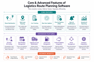 Grid of core and advanced features of logistics route planning software including optimization, live tracking, proof of delivery, and dynamic re-routing