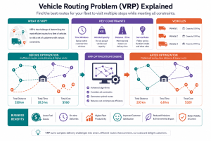 Visual explanation of the vehicle routing problem showing stops, vehicles, constraints, and an optimized multi-stop route