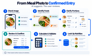 Six steps take a meal photo through food identification, portion clarification, nutrition lookup, calculation and user confirmation before saving.