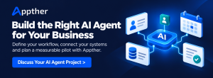 Appther invitation to discuss an AI agent project, illustrated by a connected AI hub, business applications and human approval.