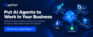 Appther banner inviting businesses to discuss an AI agent project, with connected workflow and business application illustrations.