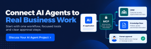Appther banner showing an AI agent connected to business systems through MCP with human approval for actions.