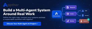 Appther multi-agent AI banner showing an orchestrator coordinating specialist agents, business tools and human approval.