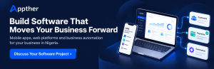 Appther invitation to discuss a software project, alongside connected mobile app and business dashboard illustrations.