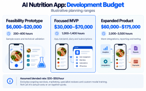 Illustrative development budgets show a prototype at $6,000–$20,000, focused MVP at $30,000–$70,000 and expanded product at $60,000–$175,000.