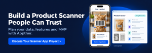 Build a Product Scanner People Can Trust, with a mobile scanning concept, product review dashboard and project consultation call to action.