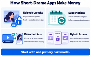 Four cards compare episode unlocks, subscriptions, rewarded advertising and hybrid access for a short-drama app.