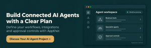Appther banner inviting businesses to plan connected AI agents, integrations, and approval controls.
