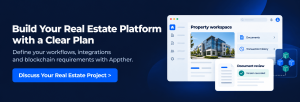 Appther banner inviting businesses to plan a real estate platform, beside property dashboard and document-review mockups.