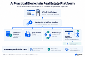 Hybrid property platform connecting web and mobile apps to backend services, a database, document storage, blockchain, and external integrations.