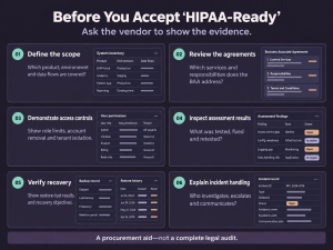 Six evidence requests for healthcare software vendors covering scope, agreements, access, assessments, recovery and incident handling.