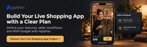 Live shopping app mockup beside an invitation to plan marketplace features, seller workflows and an MVP with Appther.