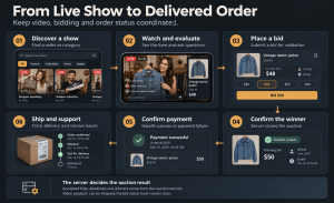 Six-step live shopping workflow covering discovery, viewing, bidding, winner confirmation, payment and shipping, with server-controlled auction decisions.
