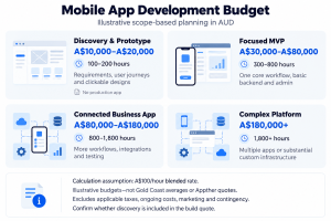 Four app project scopes with illustrative AUD budgets calculated using an assumed A$100 hourly rate.