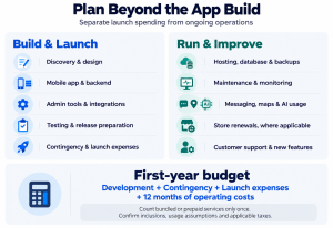 Mobile app budget checklist separating initial development and launch expenses from recurring operating costs.