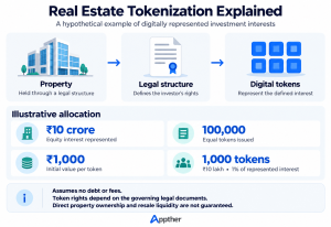 Hypothetical ₹10 crore equity interest represented by 100,000 tokens, with 1,000 tokens representing a 1% investment interest.