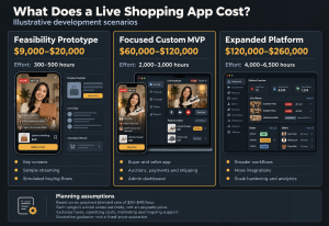 Illustrative development budgets of $9,000–$20,000 for a prototype, $60,000–$120,000 for a focused MVP and $120,000–$260,000 for an expanded platform.